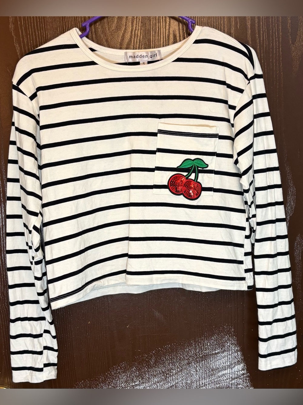 Madden Girl Black & White Stripe Long Sleeve With Cherry Patch Woman Small NWOT